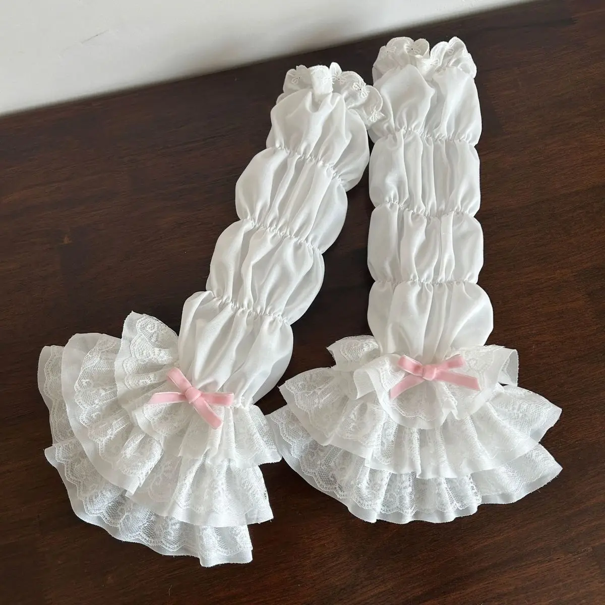 로리타 자외선 차단 팔 토시 - 레이스와 리본 장식이 있는 레이어드 러플 디자인 Y2K 카와이 스타일 슬리브 커버