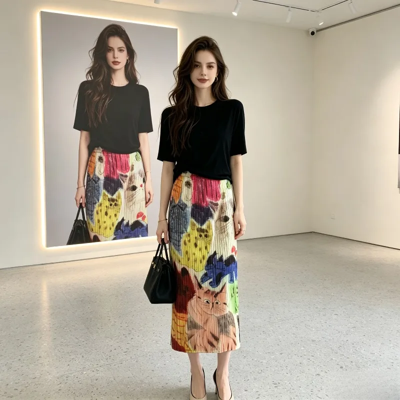 Miyake Pleated New 2026 Summer Skirt High Waist Printed Loose Slimming Bodycon Skirt Dopamine Versatile Straight Skirt Pleat
