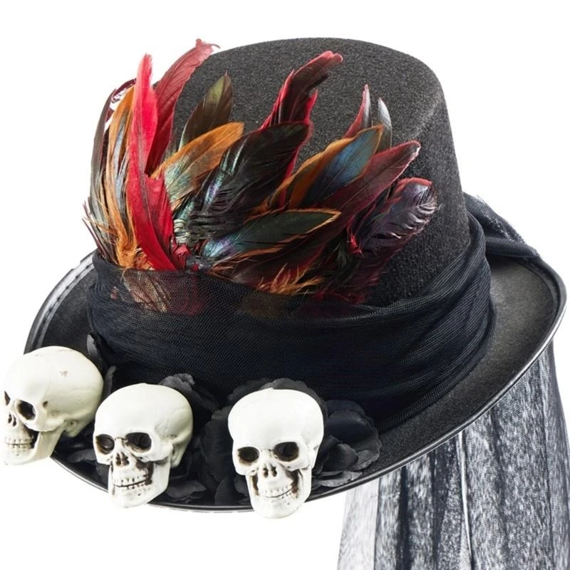 Medieval Adult Steampunks Flat Top Hat with Skull Halloween Veil Felts Hat Carnivals Role Play Magicians Hat