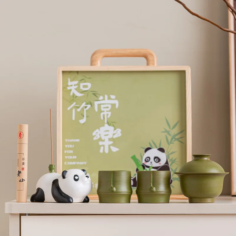 

100ML Panda gift gift thread fragrance bamboo cup souvenir High-end wooden box cover bowl tea set festival gift