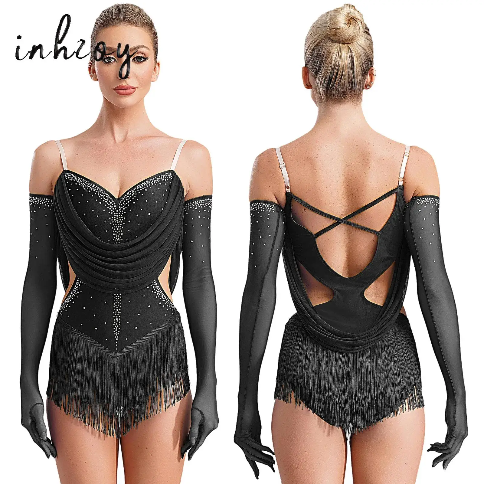 

Womens Fringed Latin Dance Cha-cha Samba Salsa Costume Rhinestones Tassel Leotard Dress Sleeveless Jumpsuit Ballroom Dancewear