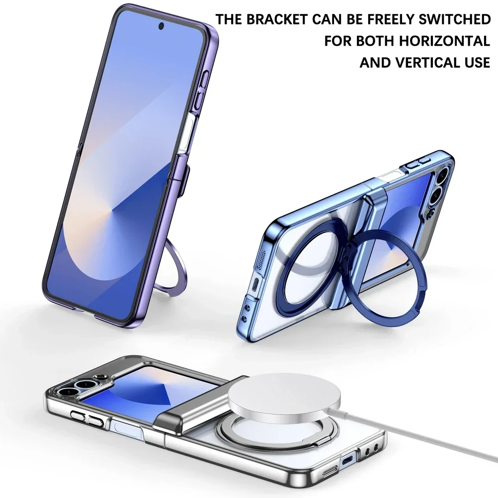 

Luxury Electroplated For Samsung Z Flip 6 5 Magsafe Case Transparent Folding Hinge Magnetic Rotating Ring Holder Shockproof Case