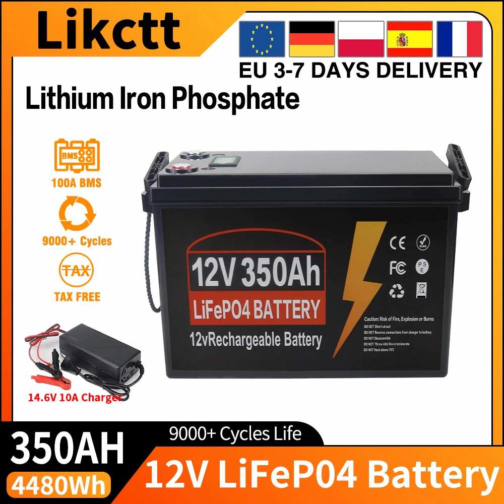 EU-voorraad: 12V 24V 150Ah 350Ah LiFePO4 lithium-ijzerfosfaatbatterij, met ingebouwde 100A BMS, 9000 cycli, IP65 en bescherming tegen lage temperaturen, perfect voor campers, off-grid systemen, boten