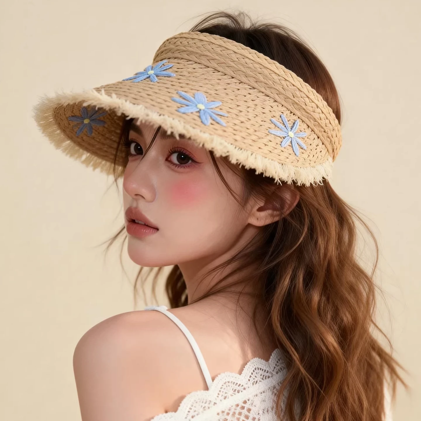 Holiday wind small daisy straw empty top hat women's summer new big brim sunshade sunscreen seaside hat
