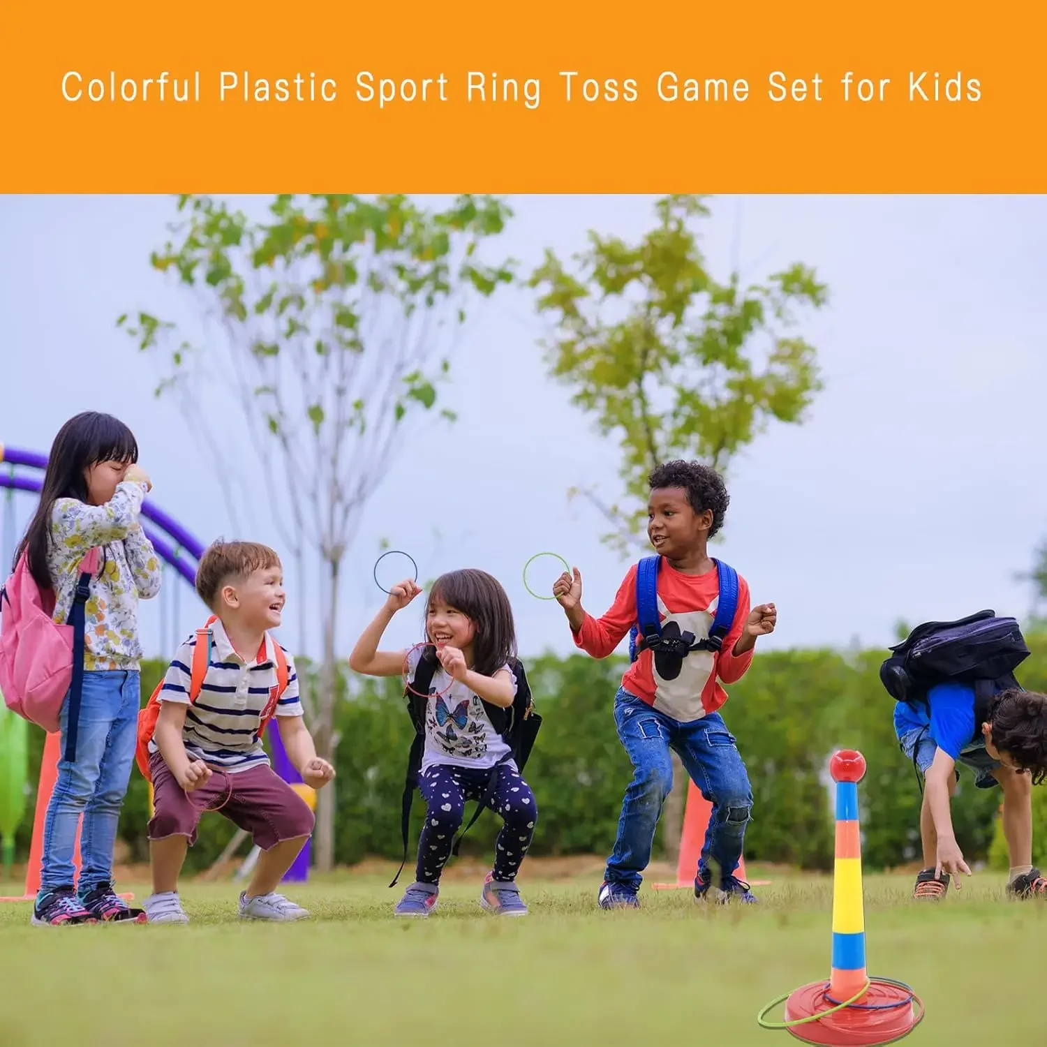 Kids Colorful Ring Toss Game Set -, Carnival Circus Throwing Fun, Includes 1 Stacking Pole & 9 Rings,Play Party Favors Christmas