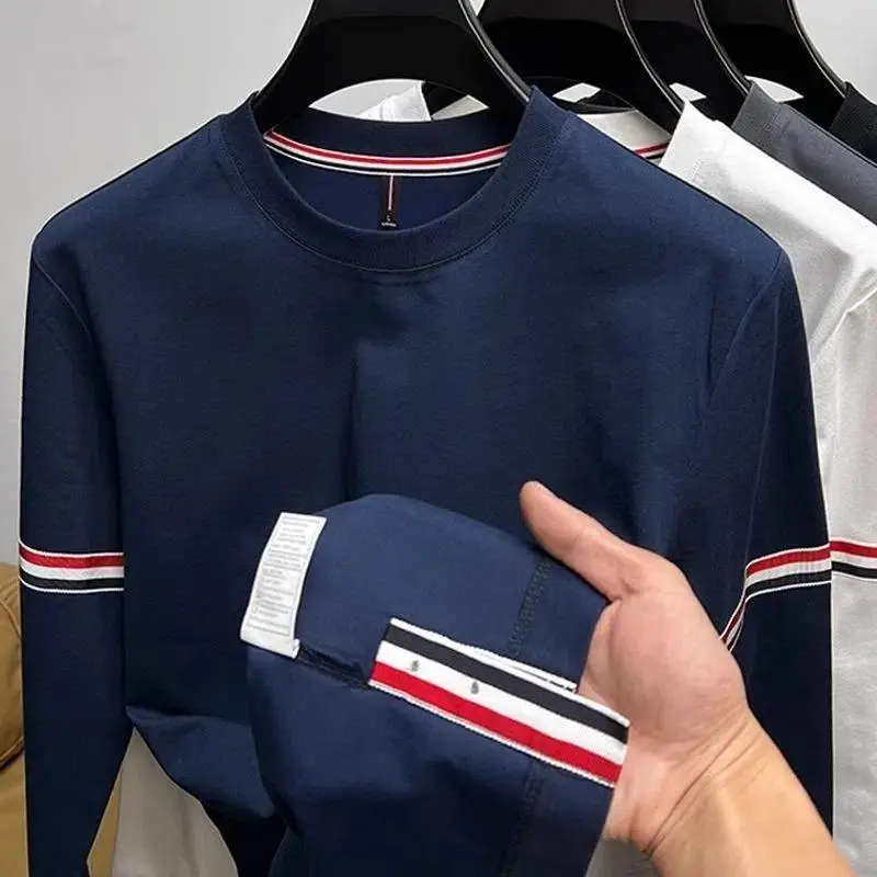 Loose Fit Long Sleeve T-Shirt Men's Spring Autumn  Stripes Bottom Hem Split Casual Top Breathable Youth Popular