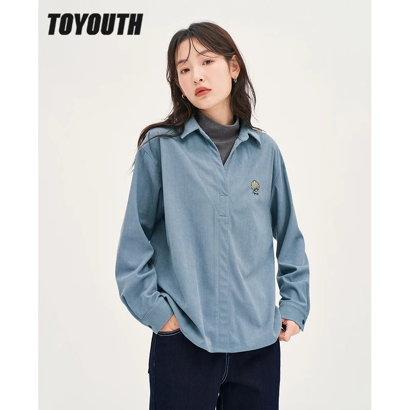 Toyouth Women Fake Two Piece Corduroy Shirts 2022 Winter Long Sleeve Half Turtleneck Loose Blouse Khaki Blue Streetwear Tops