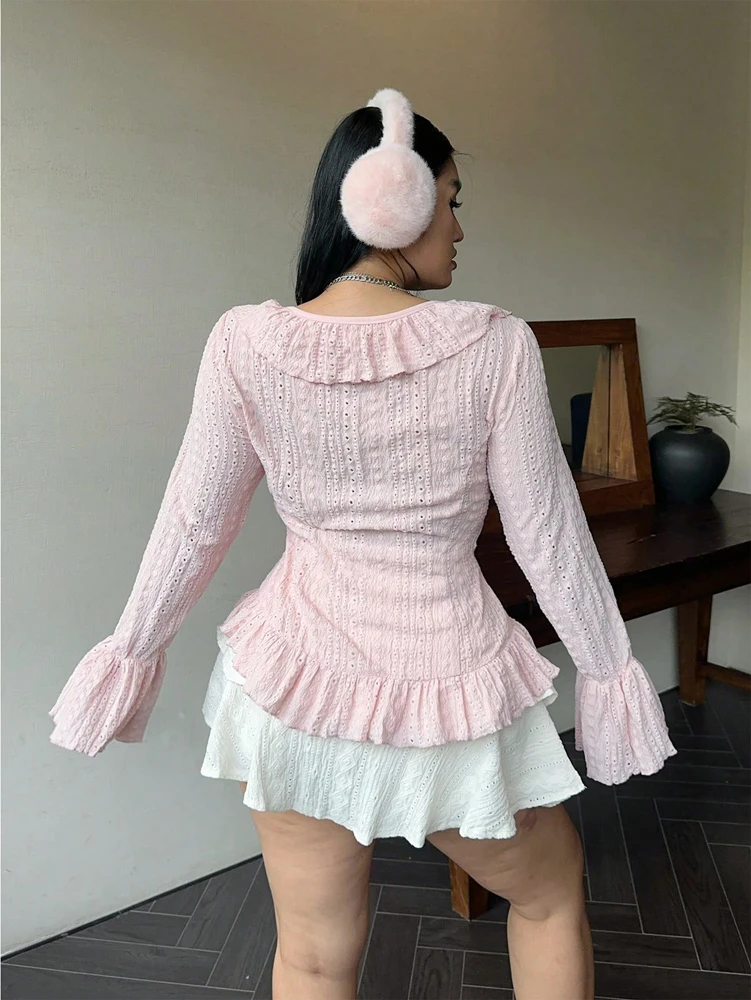 プラスサイズのレディースエレガントなフレンチフリルフレアスリーブ女性のブラウスピンク V ネックバブルスリーブ恋人