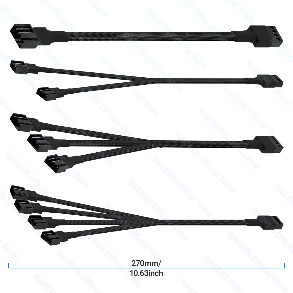 Cabo divisor de ventilador RAGEER 1 a 2/3/4 PWM - Conectores fêmea para macho trançados de nylon de 4 pinos para resfriamento de caixa de PC