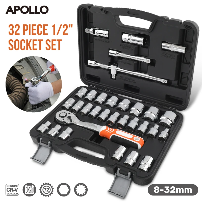 

Apollo 32-Piece 1/2" Drive Socket Set - Professional Auto Repair Impact Tools with Durable Steel Sockets, Mechanic Tool Kit