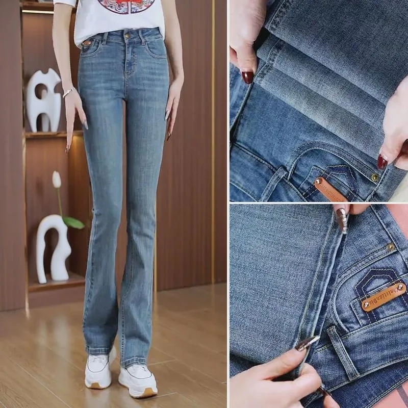 

Джинсы-колокольчики с высокой талией, женские утягивающие универсальные длинные брюки из смеси хлопка и полиэстера, джинсовый синий цвет, осеннее новое поступление