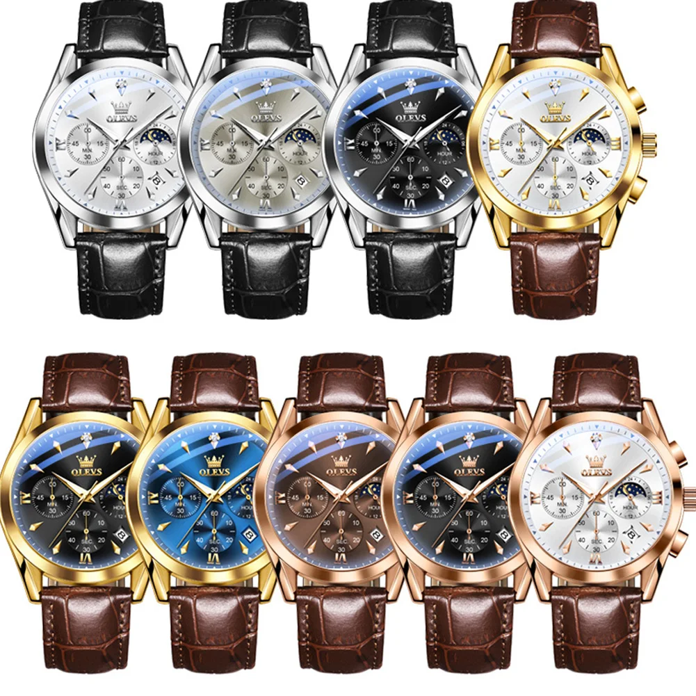 Olevs Heren Horloges Casual Mode Stijl Originele Quartz Horloge Voor Man Comfortabele Lederen Band Waterdichte Lichtgevende Maan Fase