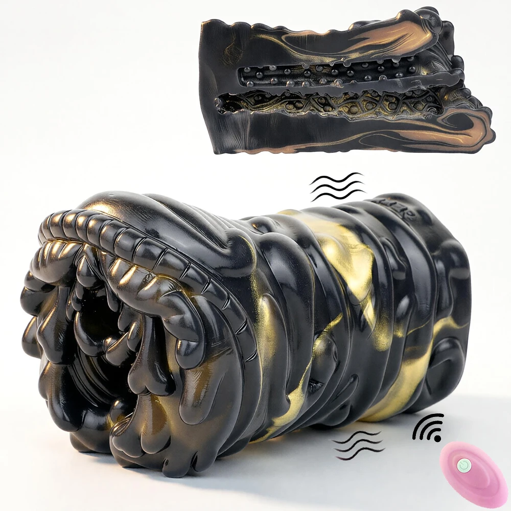 GEEBA Black Gold Monster Male Masturbator Remote Control Vibrating Adult Sex Toys Realistic Vagina Anus Dual Hole Alien Stroker