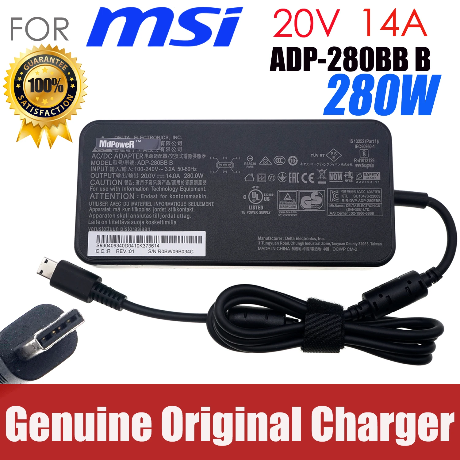 280W 20V 14A Power Supply for MSI Gaming Laptop AC Adapter GE66 Raider 11UH/UG/UE MS-1543 12UE 12UGS 12UH 12UHS MS-1544 Charger
