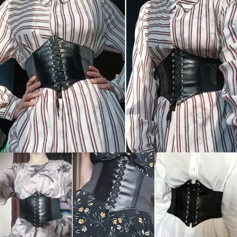 Cintura sottile elastica in PU a vita alta da donna Vintage elegante semplice con lacci Corsetto con cintura larga quotidiana punk e gotica nera