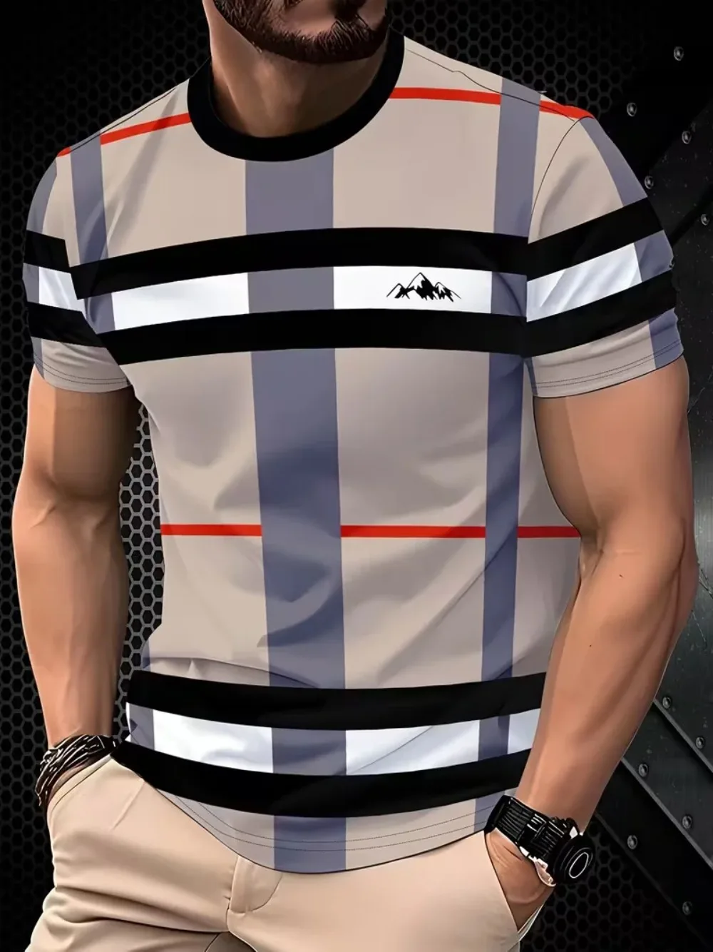 Fashion Check and Stripe 3D Printed Men's Round-neck Sports Quick-drying Breathable T-shirt, Summer Outdoor Trend, Y2K Daily Top