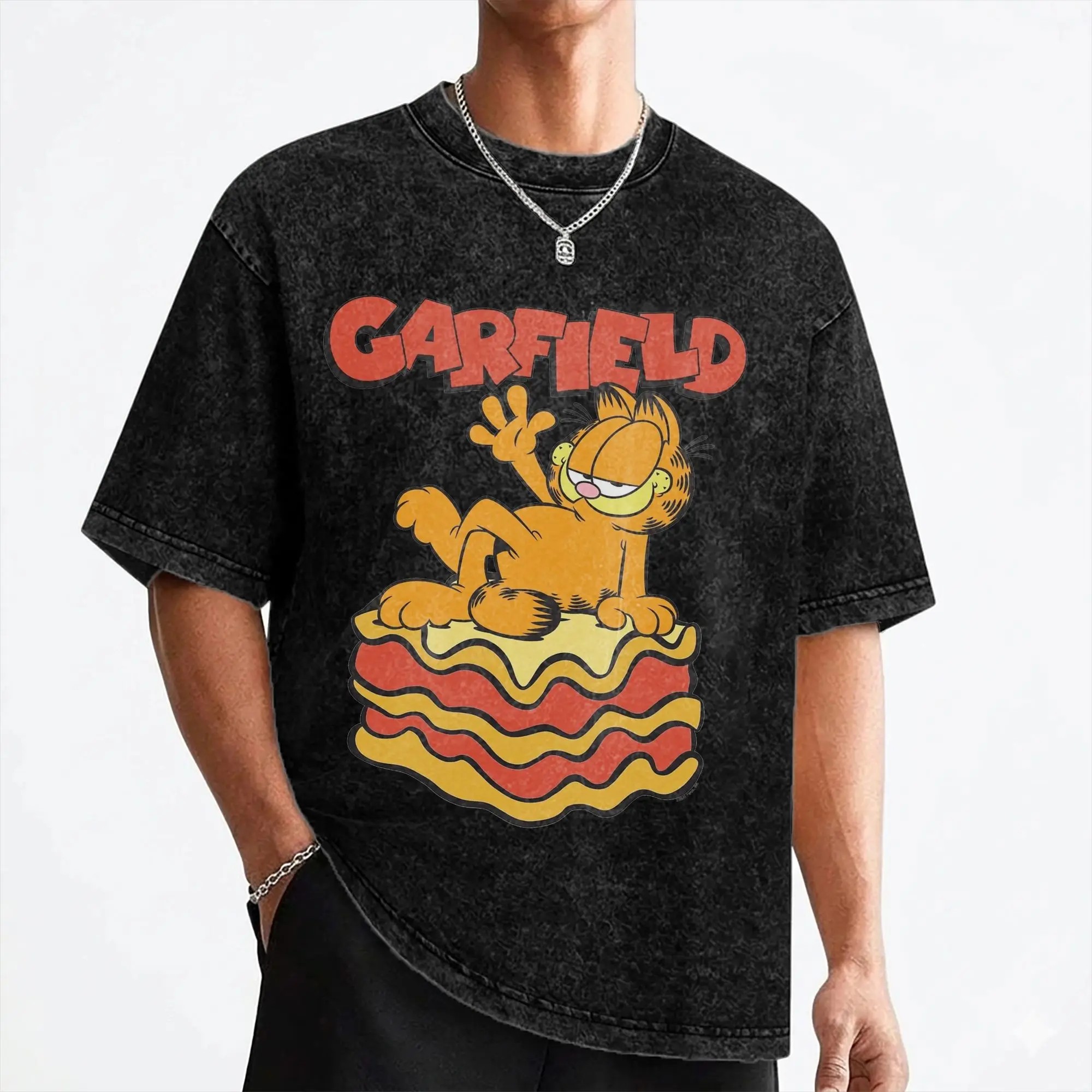 Camiseta Garfields Lasagna Slice Vintage con efecto lavado para hombre, camisetas de algodón, cuello redondo, manga corta