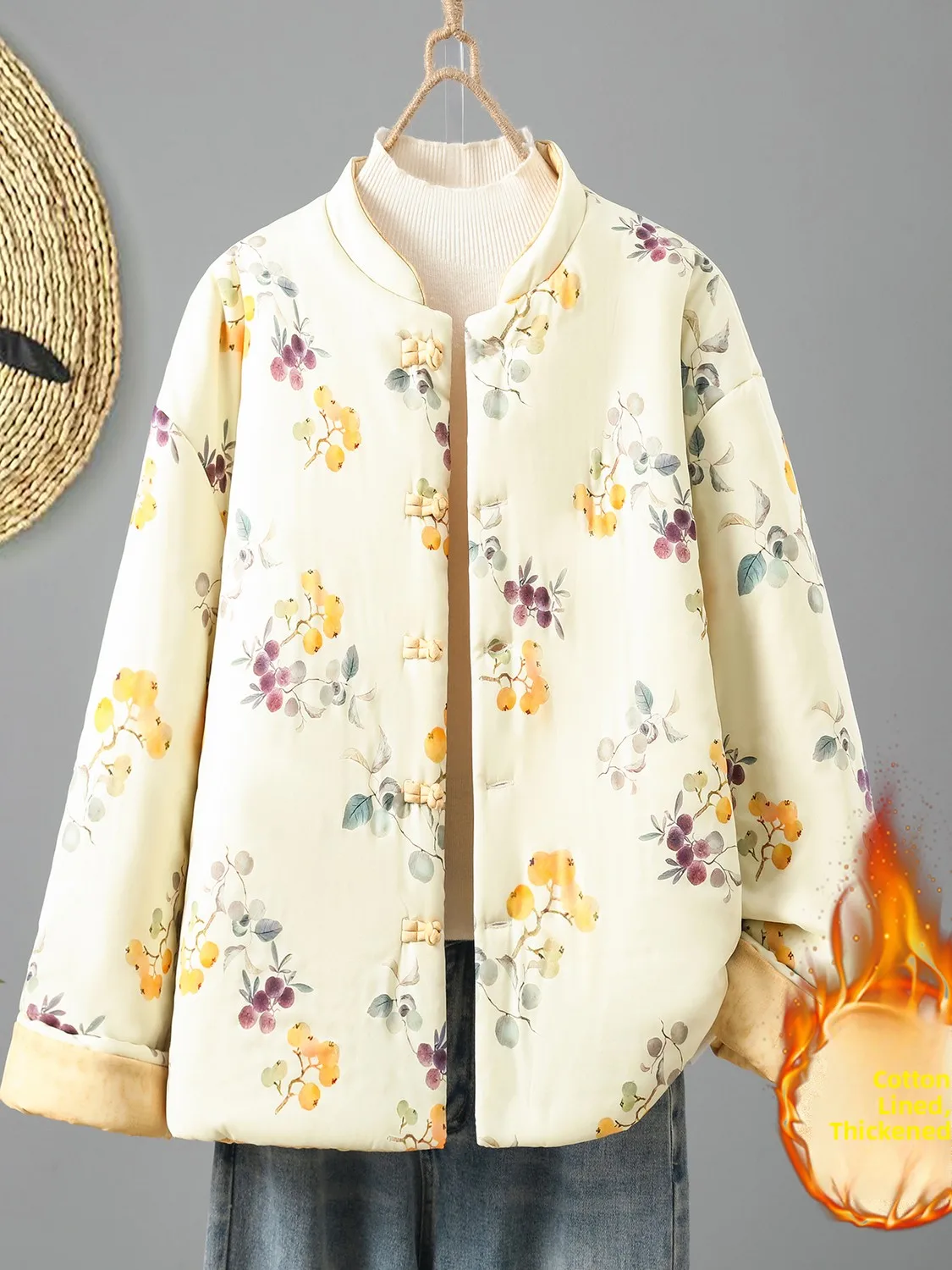 Chaqueta de algodón de doble cara, estilo artístico coreano, estampada, estilo chino nuevo, abrigada, con botones, para mujer, ropa de invierno