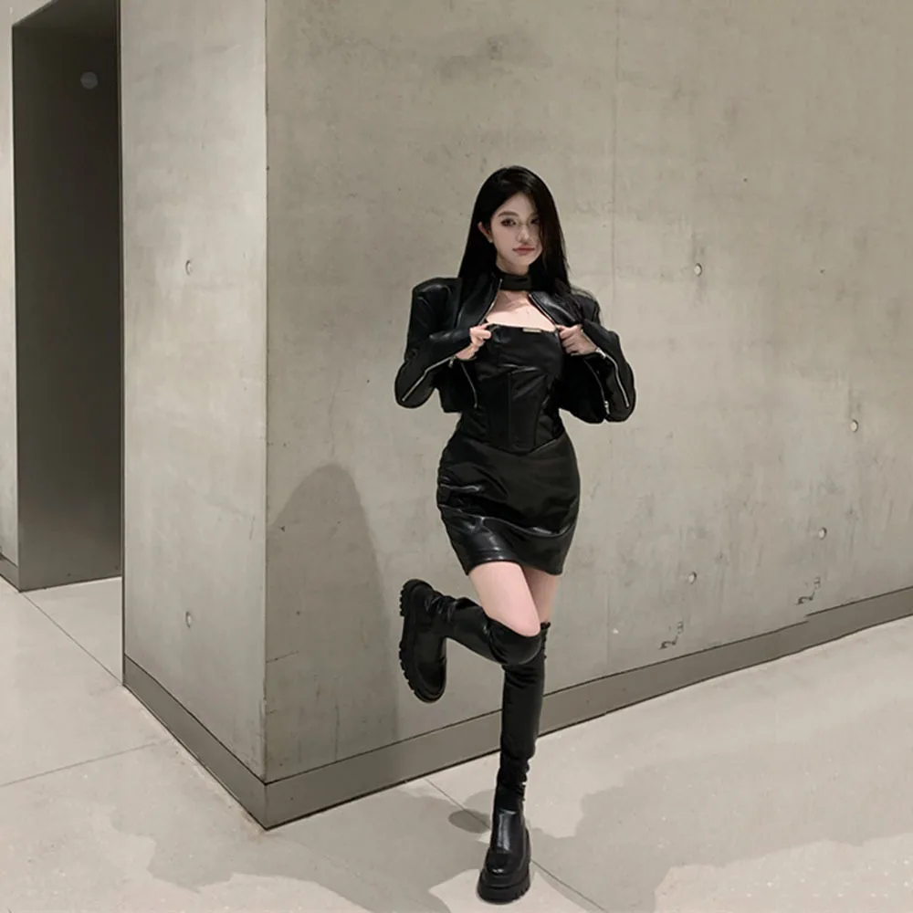 2024 Autumn High Street PU Leather Zipper Cropped Jacket + Sexy Slim Halter Sleeveless Dress Women Casual Leather Two-piece Suit