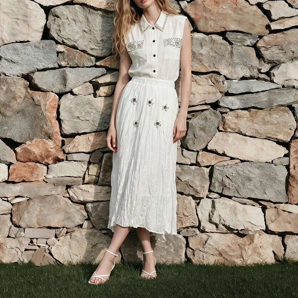 TWOTWINSTYLE Solid Spliced Bead Fashion Two Piece Set for Women Lapel Sleeveless Spliced Lace Up Top Irregular Skirt Sets Female