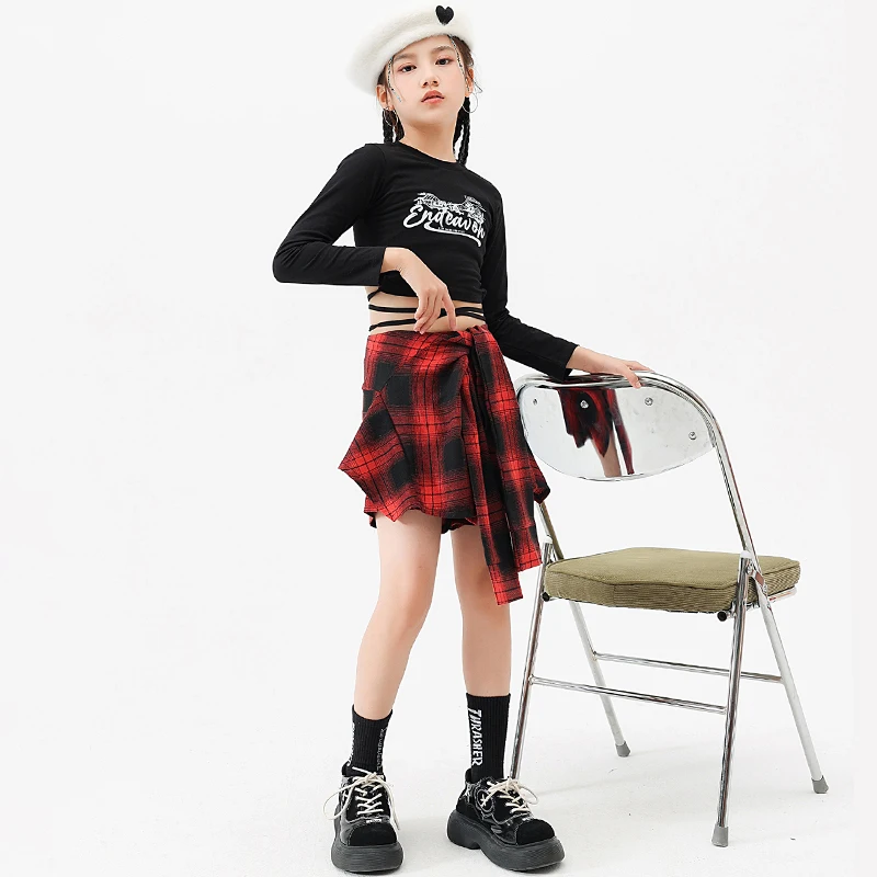 Kids Performance Hip Hop Clothing Crop Sweatshirt Checkered MIni Skirt For Girls Modern Jazz Dance Costume Stage Show Clothes