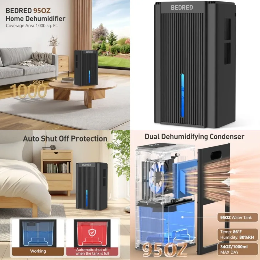 

Dehumidifier, 95OZ Dehumidifier for Home 1000 Sq.Ft - Quiet with Auto Shut Off and Relaxing 7 Color Ambient Light, Ideal for Li