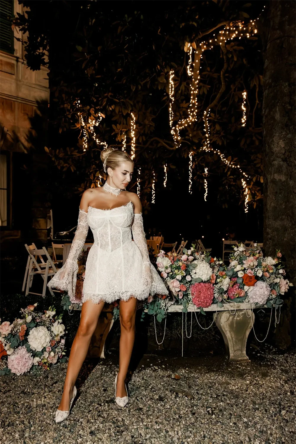 طوكيو مخصص الأبيض قبالة الكتف فساتين الزفاف انفصال الأكمام الدانتيل ثوب الزفاف أنيقة الكاحل طول ثوب الزفاف