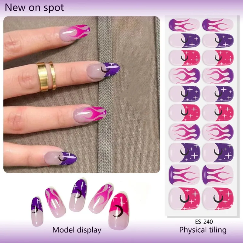 16/20Tips Semi-Cured Nail Wraps Flash Solid Adhesive Waterproof Long Lasting Gel Nail Stickers for UV Lamp Need Manicure