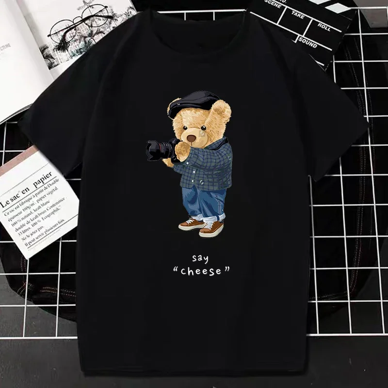 Teddy Bear Tshirt Funny Cartoon Bear Print Short-sleev Tops Women Men Casual Cotton Tee Hip Hop Grunge Tee Roupas Masculinas