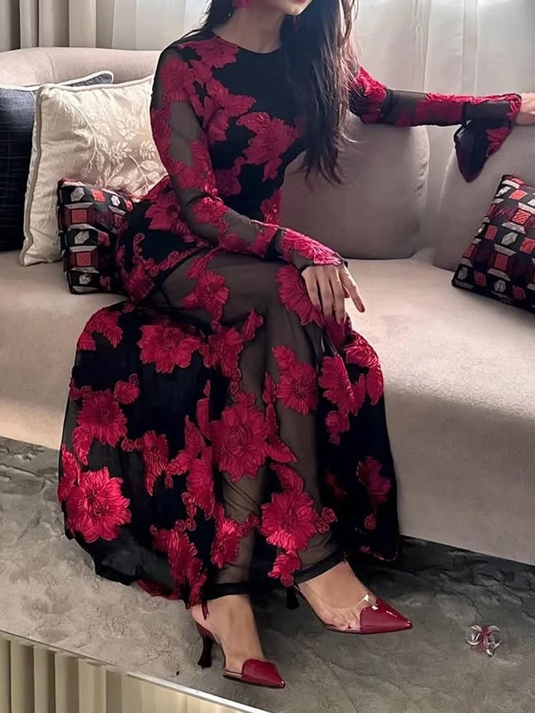 ชุดเดรสยาวทรงเข้ารูปลายดอกไม้แบบแจ็คการ์ด แฟชั่นสำหรับผู้หญิง ดีไซน์เซ็กซี่โชว์หลังเว้า  ชุดราตรีหรูหรา คอทรงโอ แขนยาว เหมาะสำหรับงานเลี้ยงตอนเย็น