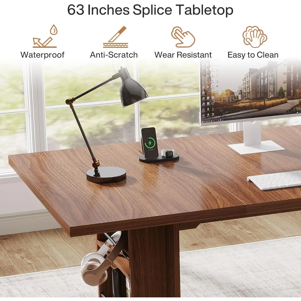 مكتب تنفيذي كبير وحديث، طاولة كتابة طويلة بطول 62.99 بوصة مع أرفف تخزين للاستخدام المنزلي والعمل #6