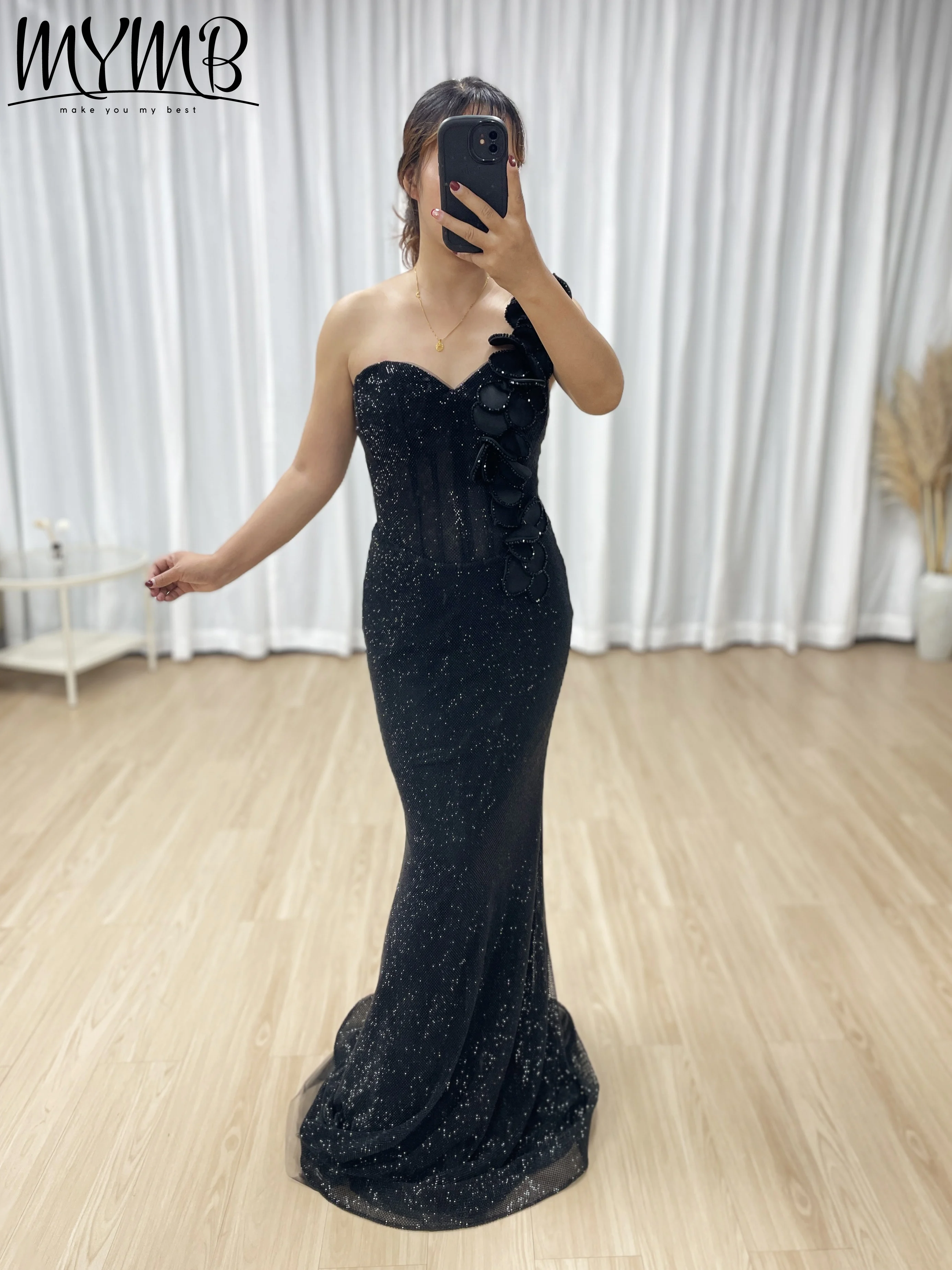 MYMB Elegant Arabic Black Sequin Mermaid Gown with One-Shoulder  For Formal Occasion Party Evening Dresses Customized MB40359