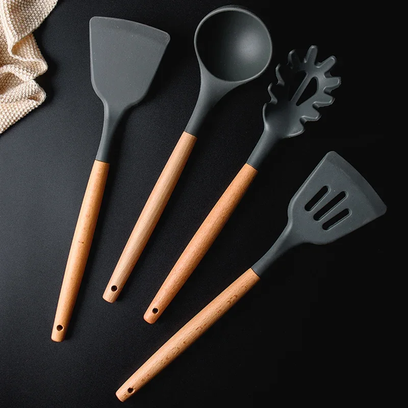 Silicone Cooking Utensils Set 8 Piece Cooking Tools Set Wood Handle Silicone Spatula Scraper Turner Soup Spoon Ladle Cookware