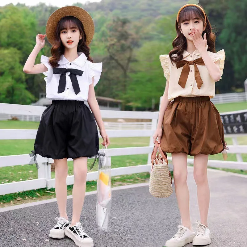 Girls Suits Summer Girls and Children New Summer Bow Solid Color Personality Short-sleeved Blouse Two-piece Set Clothes