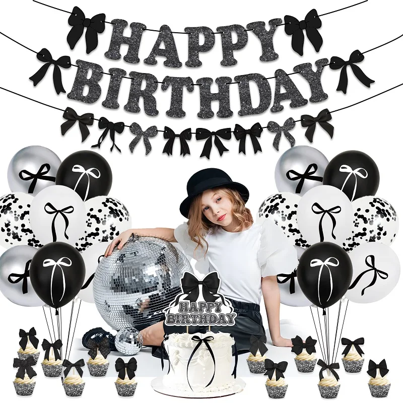 13pcs Black Bow Tie Cake Decoration,Girl\'s Bow Happy Birthday Cake Insert