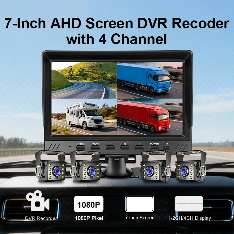 12-24V Wide Voltage Front/Left/Right/Rear View DVR Recording 7 Inch Monitor for Truck AHD 1080P Bus Truck Camera System