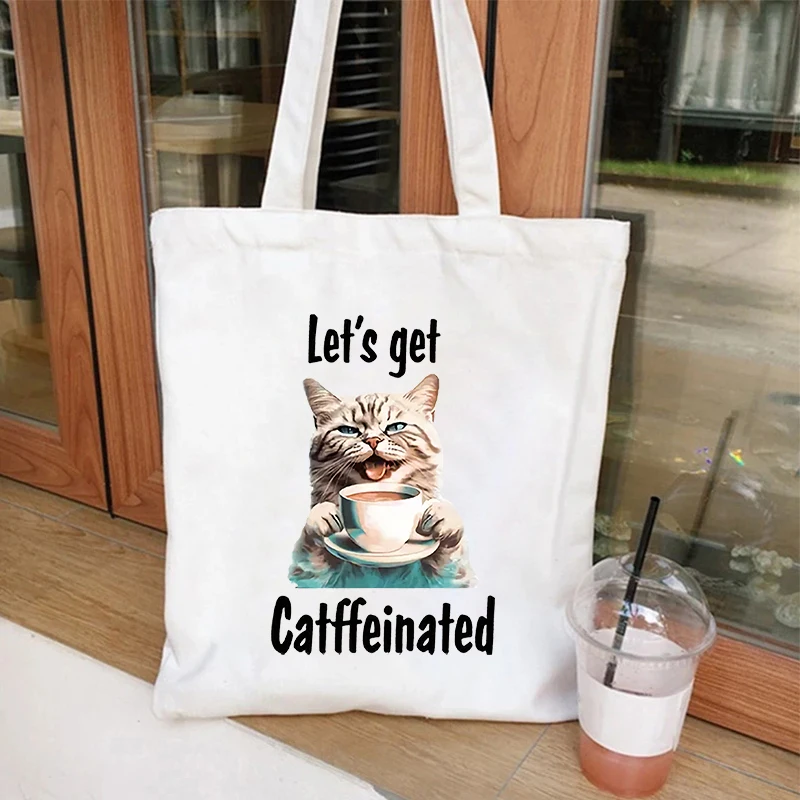 Funny Cat Joke Print Canvas Shoulder Handbag Folding Eco-Friendly Tote Bags Reusable Anime Cartoon Shoulder Bag Grocery Bag