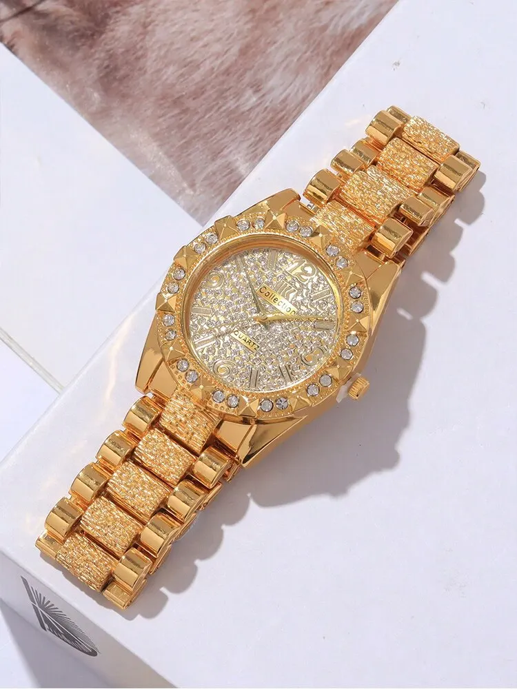 2PCs Women\'s Fashion Versatile Diamond Steel Band Gold Quartz Watch+Bracelet Set