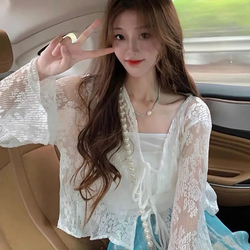 Xpqbb Sexy Lace See Through Chiffon Blouse Women Fairy Sweet Sun Protection White Cardigan Shirt Woman Korean Thin Summer Tops