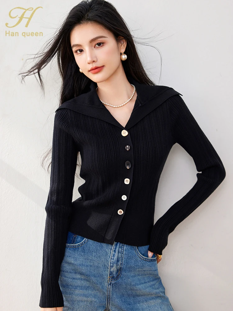 H Han Queen Autumn Female Cothing Crop Top Long Sleeve Office Vintage Tops Casual T-Shirt Women Fashion Knitt Simple Basics Tee