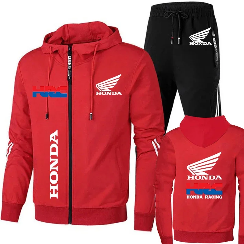 

Honda Men's Tracksuit Honda Wing And HRC Logo Sportswear Double Slash Stripes Zip Sweatshirt+Pants 2 Piece Sets Men Red Clothing