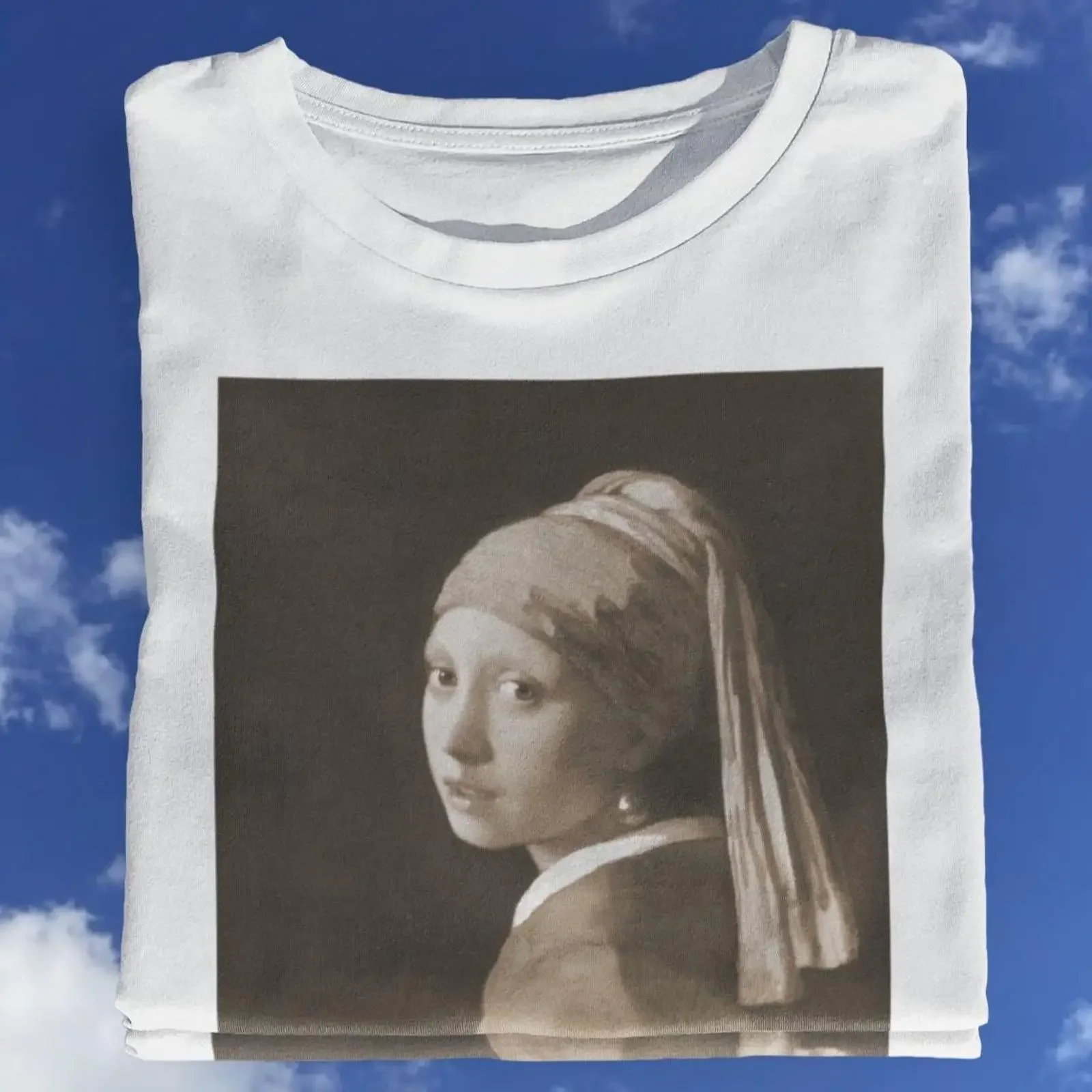 Girl with a Pearl Earring T shirt Johannes Vermeer Sepia Art 100 Cotton  vintage Washed Top For Everyday Wear Stylish Casual