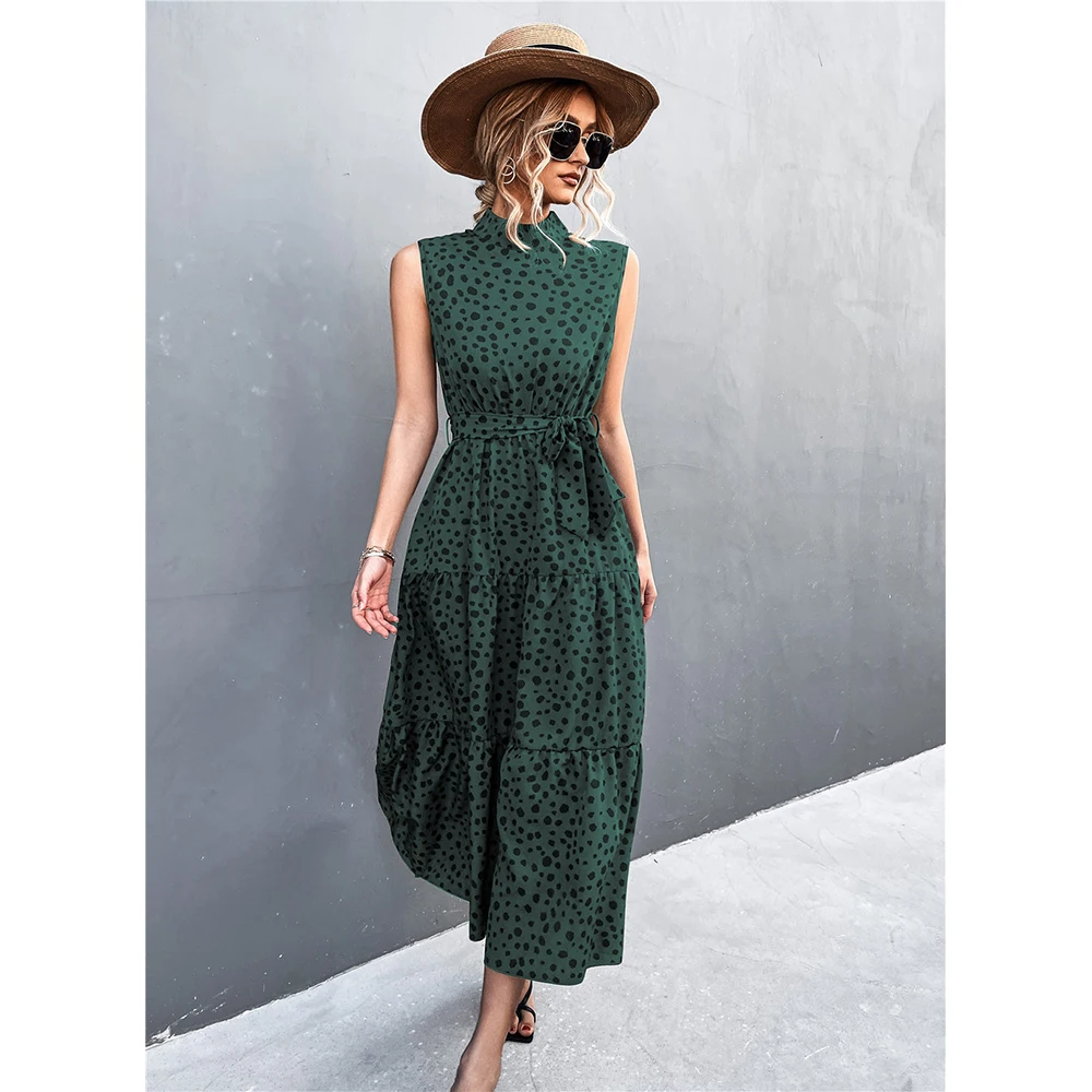 

Green Women Summer Dalmatian Print Ruffle Hem Midi Elegant Dress Boho O-Neck Sleeveless Beach Party Dresses For Women Nice Pop