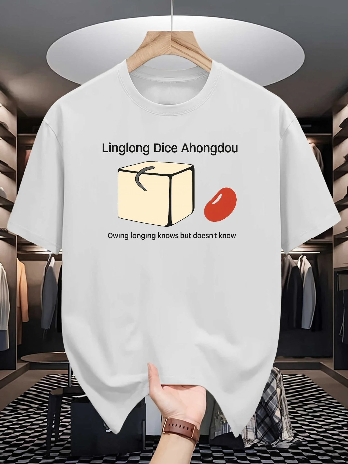 Linglong Dice Ahongdou Print Mens Crew Neck T Shirt Funny Cartoon Cube Bean Graphic Short Sleeve Casual Cotton Street Tees