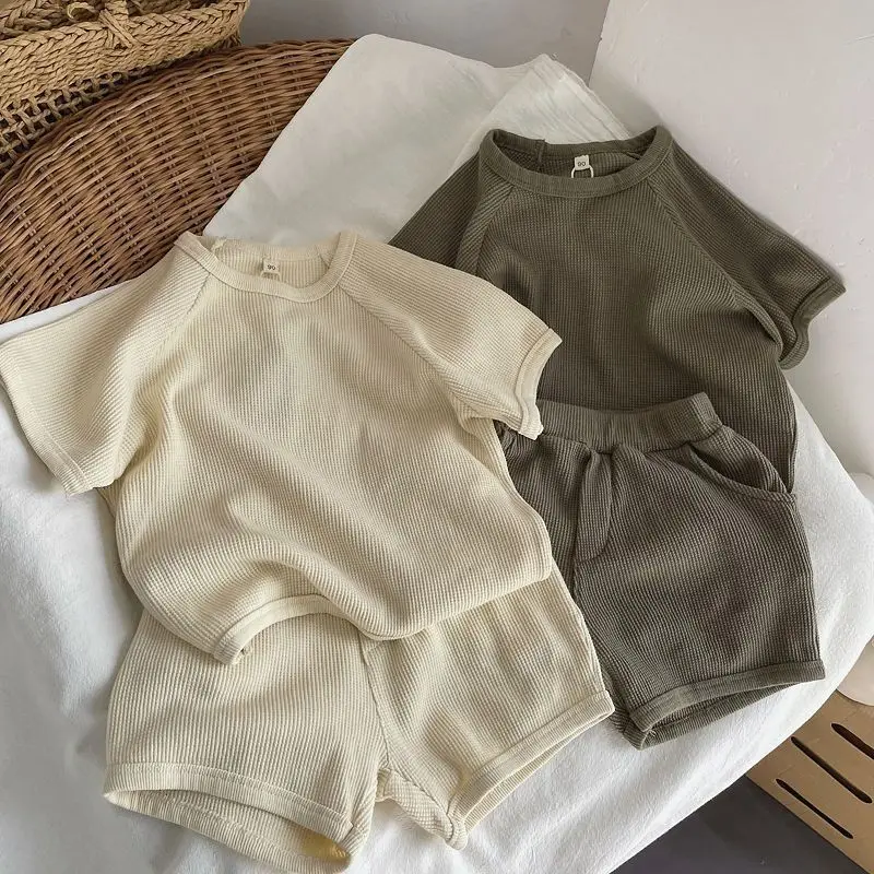 2025 New Korean Boys and Girls Short-sleeved Top Set Waffle Baby Home Wear Versatile 2-piece Set