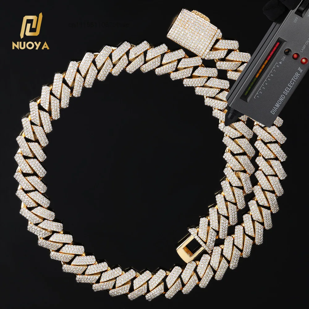 NUOYA Multi-Row Round Brilliant Cut Moissanite Cuban Link Chain Necklace 925 Sterling Silver Hip Hop Jewelry Gift for Men，