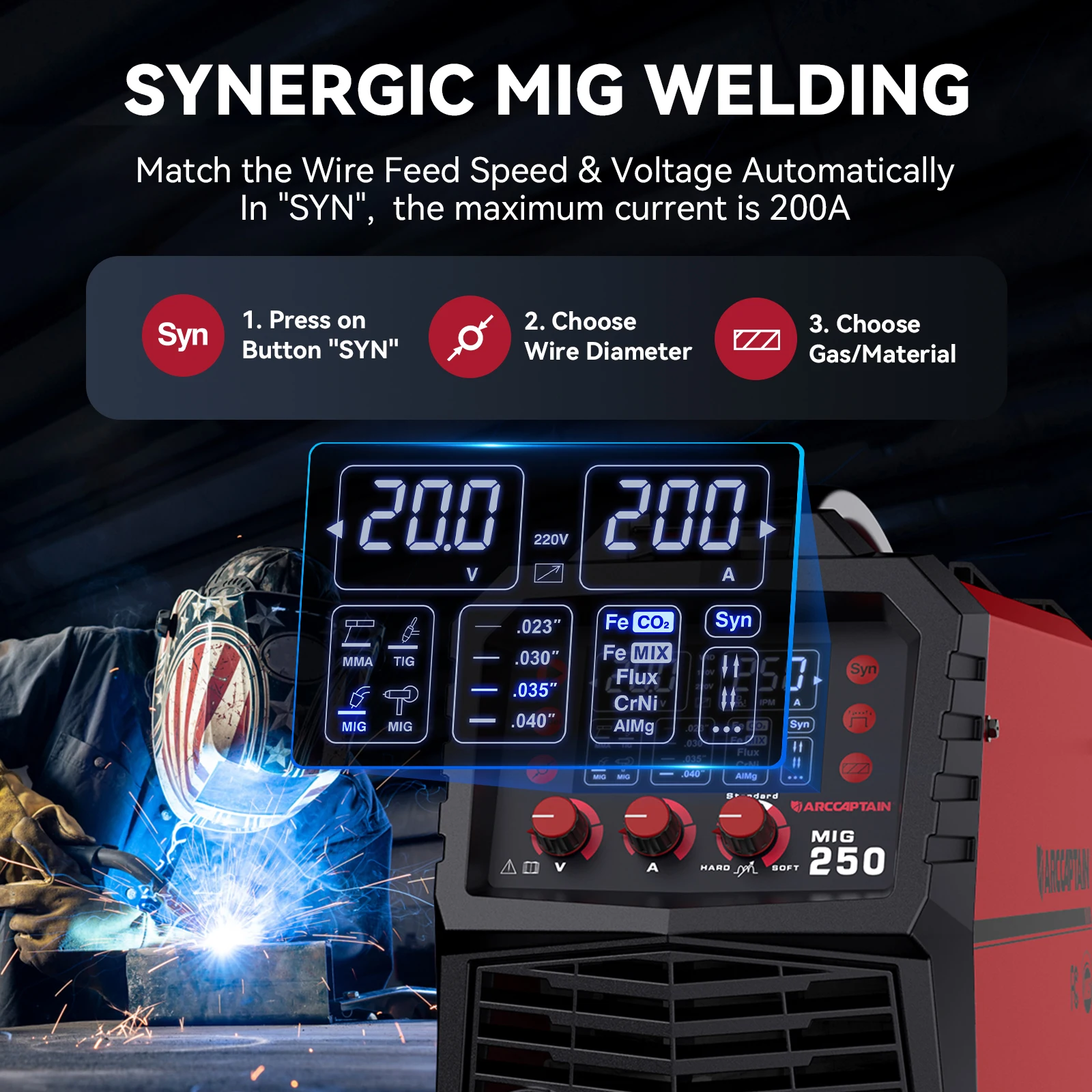 ARCCAPTAIN 250A MIG Welder 110V220V 6 in 1 MAG/Flux Core MIG/Stick/Lift TIG/Spool Gun/Spot LED Display IGBT Welding Machine