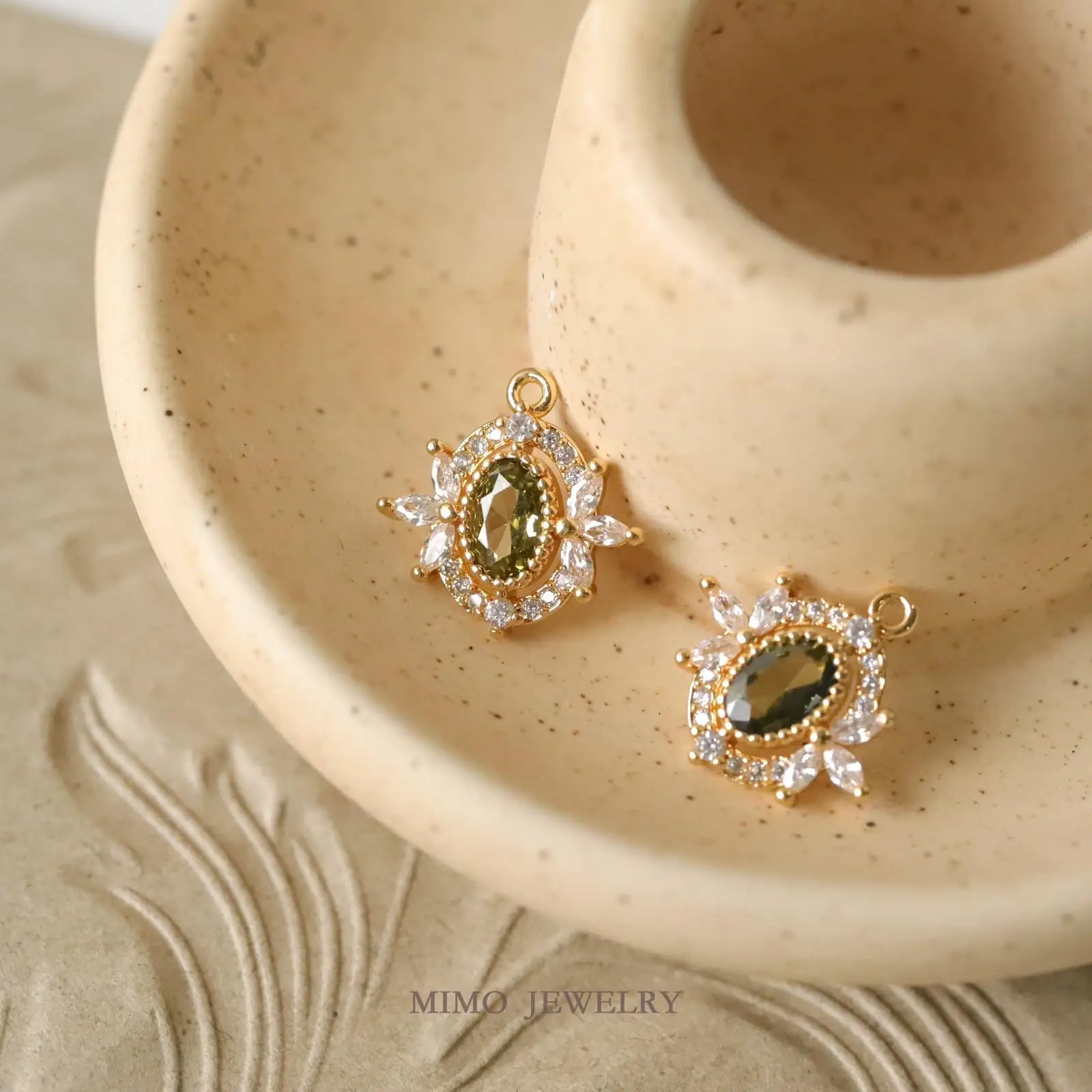 Antique Style Lace Oval Olive Green Zircon Charms Pendant Supplies DIY Hand Brass Gold Plated Accessories 13.8x13.9mm