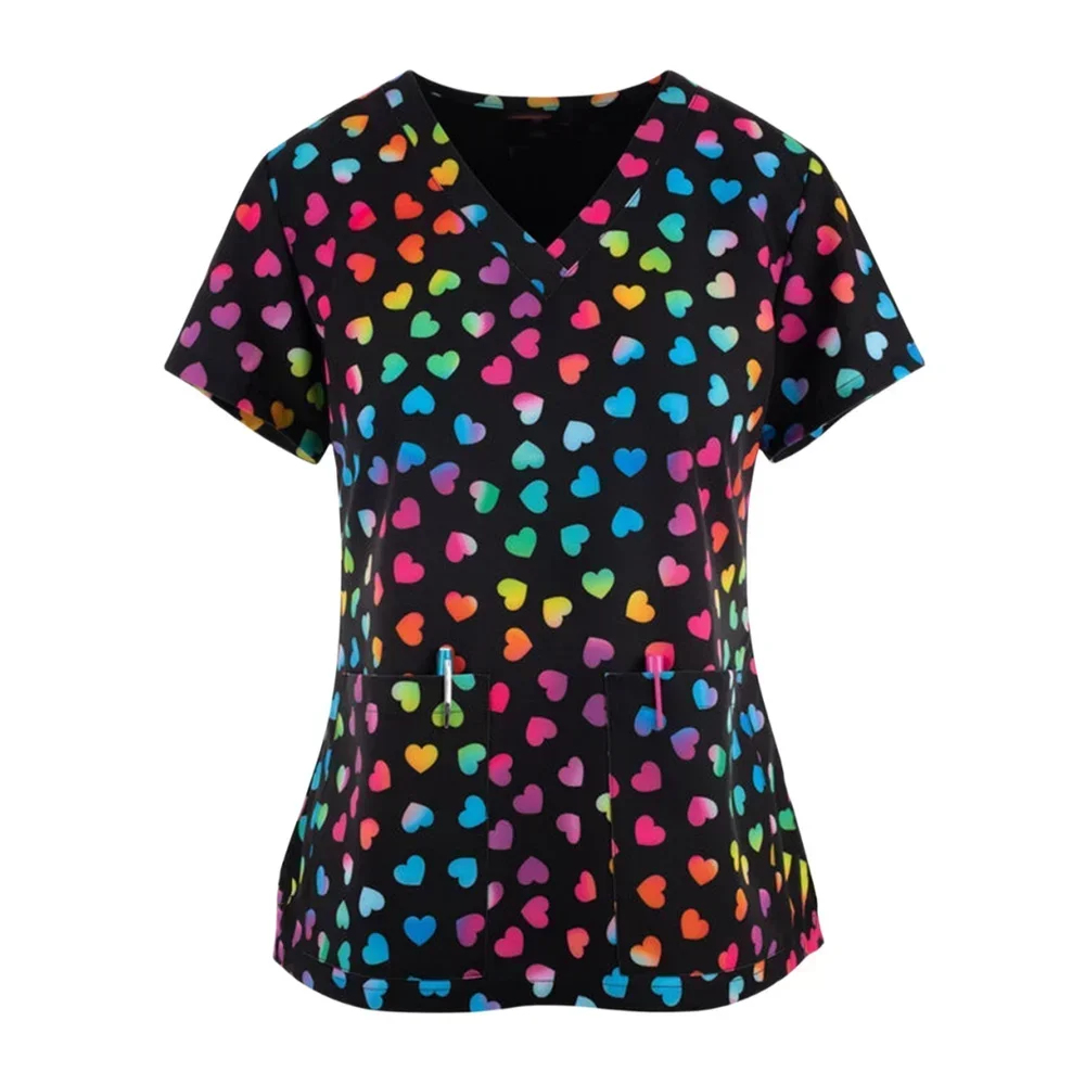 Uniformes médicos con estampado de logotipo personalizable para mujer, Top con bolsillos y cuello en V, uniformes para el cuidado de mascotas, uniforme de camisa para enfermera y Spa