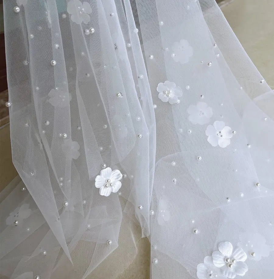 White Flower Pearl Beaded Transparent Mesh Purdah Window Screen Skirt Gown Draping Fabric for Wedding Dress Fabric